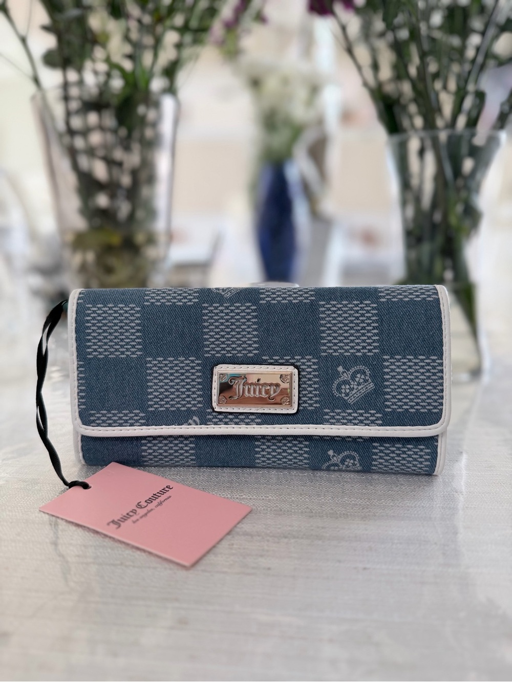 Juicy Couture Blue Denim Check Clutch Wallet with White Trim